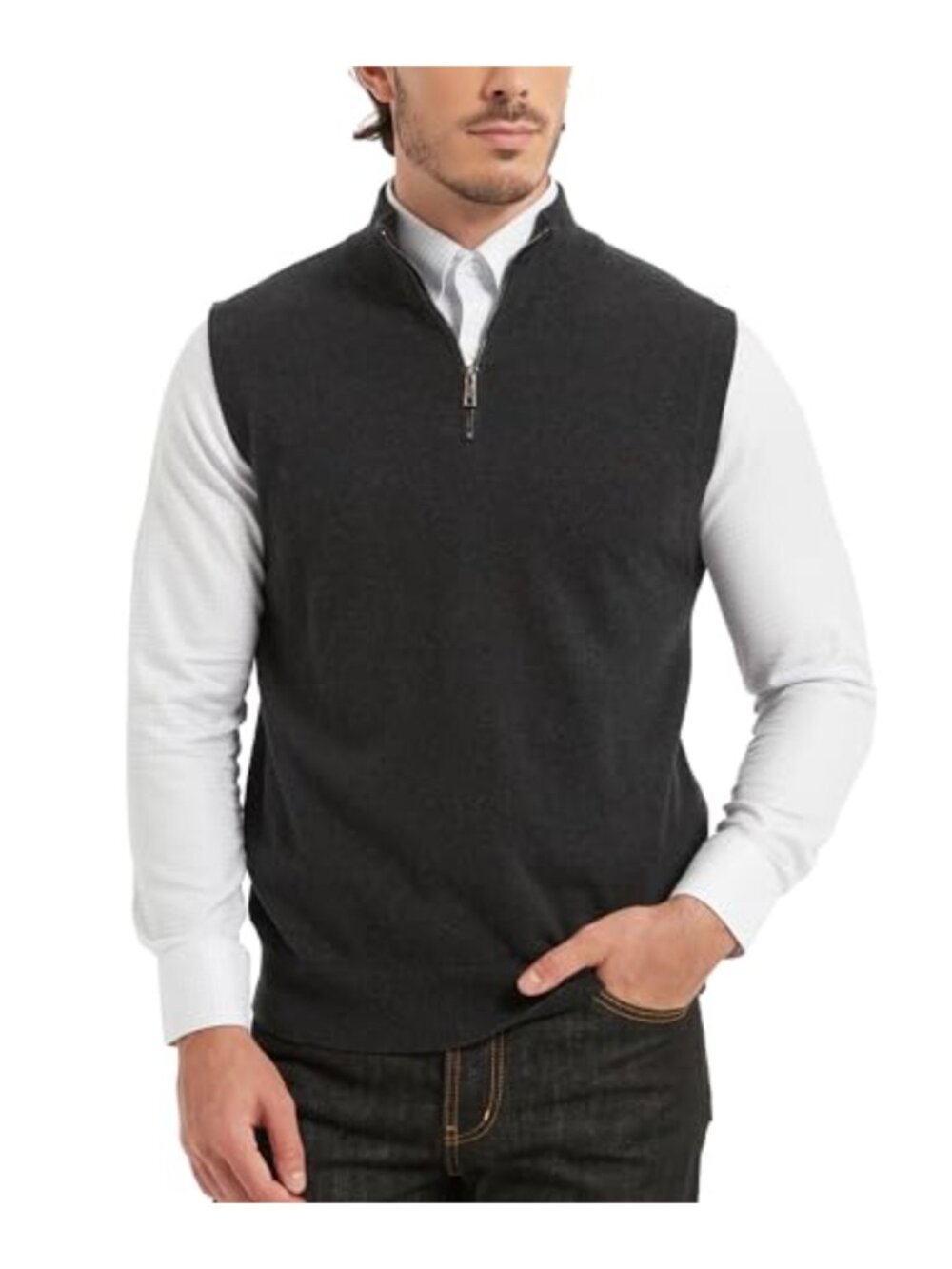 Men's 100% Cotton Quarter Zip Sweater Vest Knitted Pullover Sleeveless